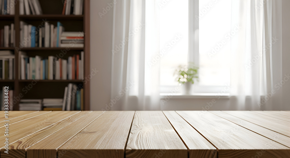 Fototapeta premium Wooden table in foreground with blurred bookshelf and window image photo