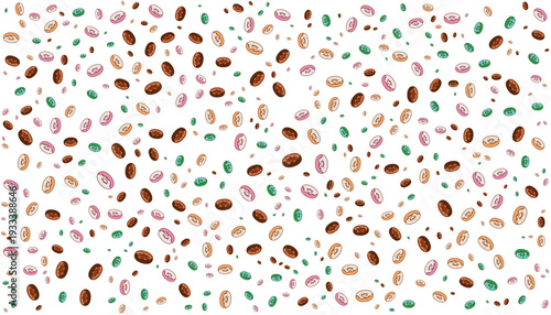 Assorted Tasty Sweet Donuts with Different Fillings and icing on a transparent seamless pattern Background. Delicious Bakery Hand Drawn Minimalist colorful Dessert Icon Set