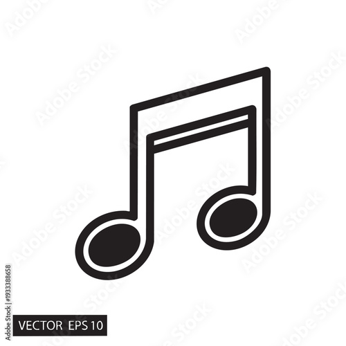 A black eighth note music symbol icon on a white background viewed from directly above as a vector graphic illustration