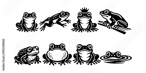 Frogs and toad drawing collection in black and white silhouette, including a frog prince and frog in water