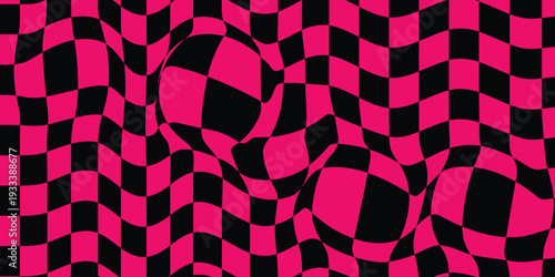 Black and pink distorted checkerboard background. Retro emo psychedelic checkered wallpaper. Wavy groovy chessboard surface. Trippy twisted geometric pattern. Abstract vector Ilustration