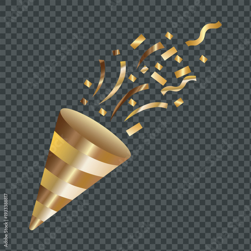 Golden confetti bursting from a shiny cone-shaped container against dark background Vector illustration