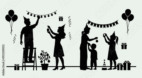 Family Silhouettes Decorating Party Space Together.