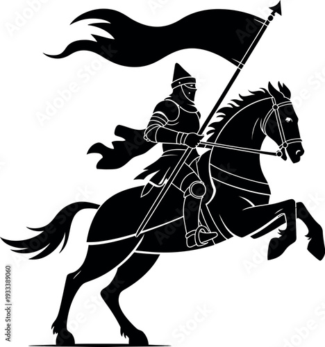 A black silhouette depicts a medieval knight in armor riding a galloping horse. The knight holds a long lance with a waving flag attached to the end. 