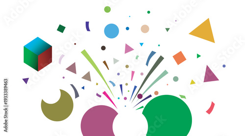 Explosive burst of vibrant geometric shapes and colorful abstract forms. Vector illustration