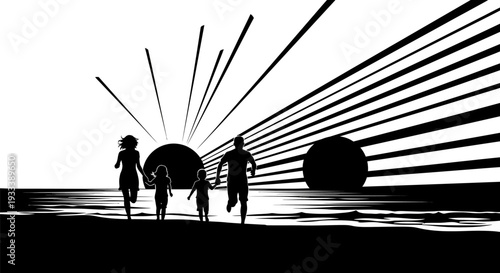 Family Silhouette Walking Towards Sunburst Light.