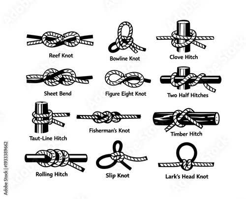 Various rope knots and hitches illustrated as a collection, providing a clear diagram for learning and practical use