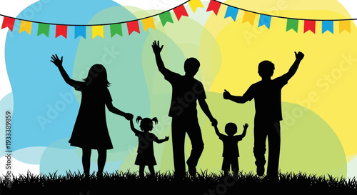 Family Silhouettes Celebrating with Raised Hands Together.