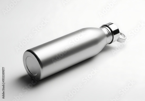 A shiny silver metal water bottle with a screw on cap lying on a plain surface
