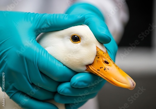 A person wearing blue gloves holding a white ducks head in their hand gently