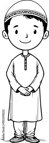 Smiling boy wearing traditional Muslim cap and kurta