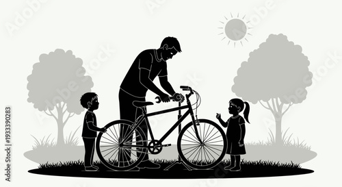 Father Adjusting Bicycle with Children Nearby.