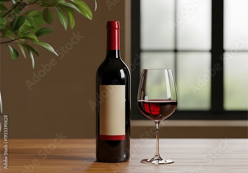A bottle of wine and a glass on a wooden table indoors with a window