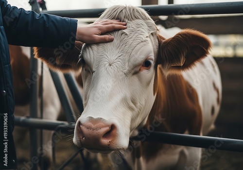 A person petting a cow in a field with a fence and a rural landscape