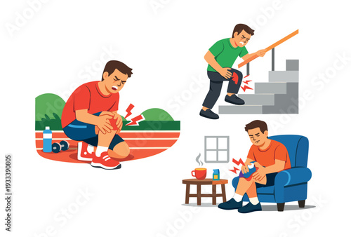 Man suffering from knee pain in various situations: after jogging, while ascending stairs, and relaxing on a sofa