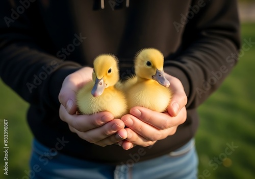 A person holding two yellow baby ducklings in their hands outdoors in a grassy area