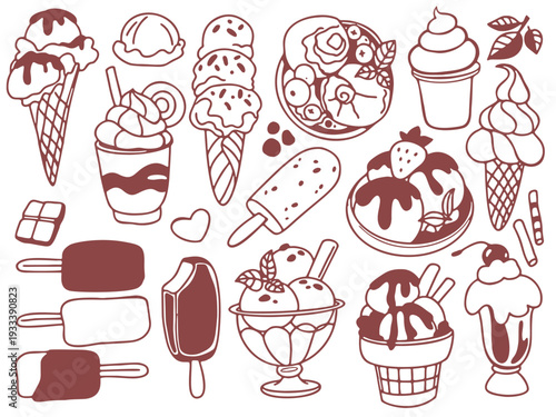 Cute cold treats. Set of hand drawn ice cream doodles. Vector outline illustration collection of summer desserts. Sweet food icons like cone, popsicle, gelato, and soft serve for menu or design