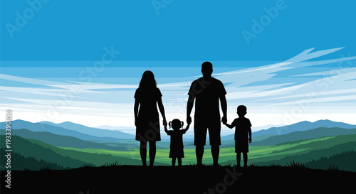 Family Silhouette Standing Together Holding Hands.