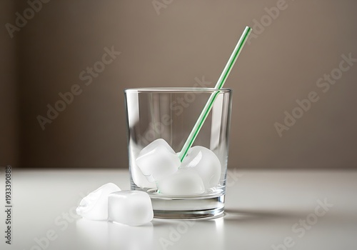 Glass with ice cubes and green straw on white table against brown background