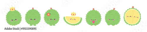 Funny durians. Cute durian fruit characters. Isolated adorable exotic plants. Vegan food, desert ingredient. Children mascots, stickers vector set