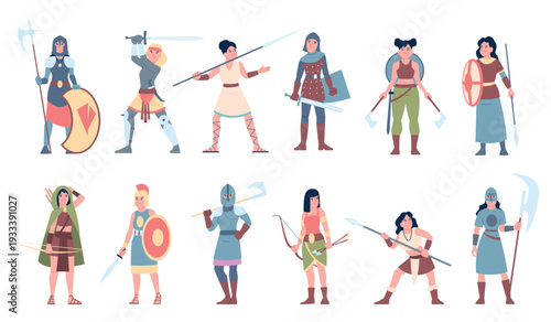 Girl warriors. Female warrior hold bow, sword, axe. Woman in armor and helmets from greek, roman, asian, scandinavian myths, tribal defenders, recent vector characters