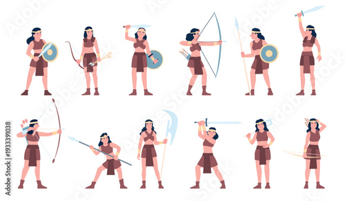 Cartoon amazon girls. Female warriors with bow and arrows. Amazonian girl, women using swords, axes, spears for tribal safety, recent vector characters