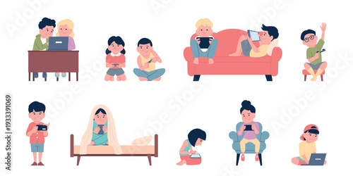 Kids and gadgets. Children with tablets, smartphones, laptop. Kid play video games, reading e-book, surfing internet. Childish gadget addiction recent vector set