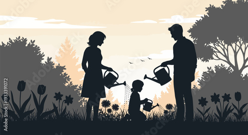Family Watering Plants Together Silhouette Scene.