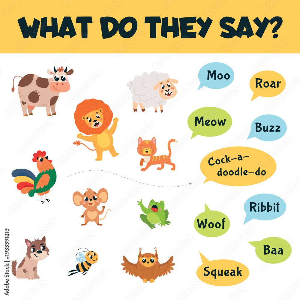 Obraz premium Find animal sound game. Different animals and sounds what making. Educational development play for toddlers with cartoon characters, classy vector template
