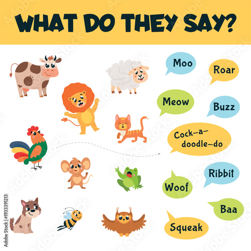 Find animal sound game. Different animals and sounds what making. Educational development play for toddlers with cartoon characters, classy vector template