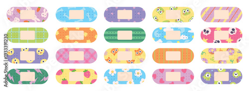 Cartoon children adhesive plaster. Medical plasters with different funny prints. First aid elements, adhesive sterile bandages. Adorable stickers, racy vector clipart