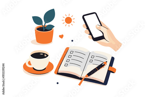 No routine image icon composition simple morning phone letters white vector generation