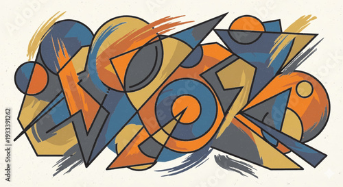 Bold geometric abstract vector illustration, vibrant colorful shapes with thick black outlines and brush stroke textures