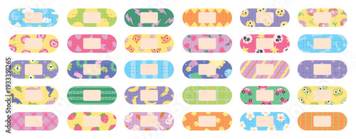 Kids medical plaster. Adhesive sterile plasters for wounds, scratches, cuts with different funny prints. Children first aid elements, bandages, racy vector set