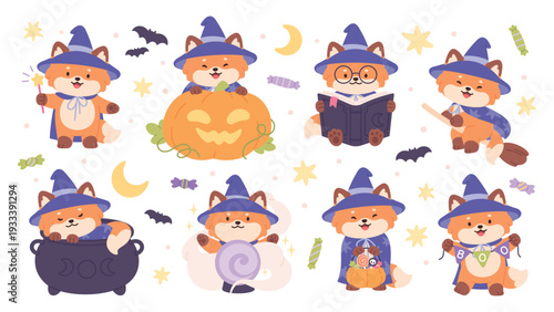 Witch fox. Funny halloween magic character. Wild animal casting spell, reading witchcraft book, flying on broom. Autumn festival childish mascots, racy vector set