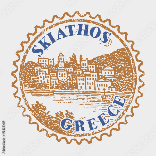 Vintage Skiathos Greece badge featuring the iconic white washed townscape and blue Aegean harbor.