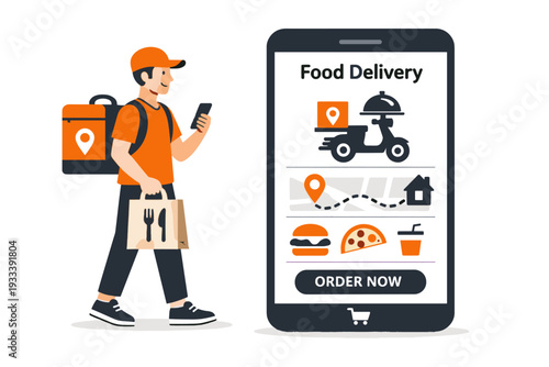 Flat white isolated smartphone modern icon courier food background delivery vector style