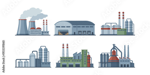 Industrial buildings collection showcasing manufacturing plants, power generation stations, chemical refineries, and storage warehouses