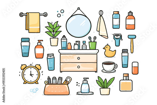 Minimal no isolated style bathroom icon concept routine vector essentials modern morning