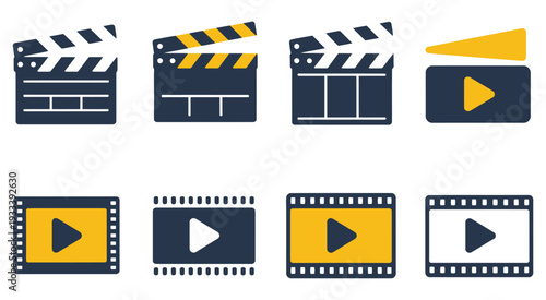Movie, clapperboard and video player icon row featuring minimal film slate and play button symbols in navy and yellow, multimedia, cinema, and video production concept, modern flat vector