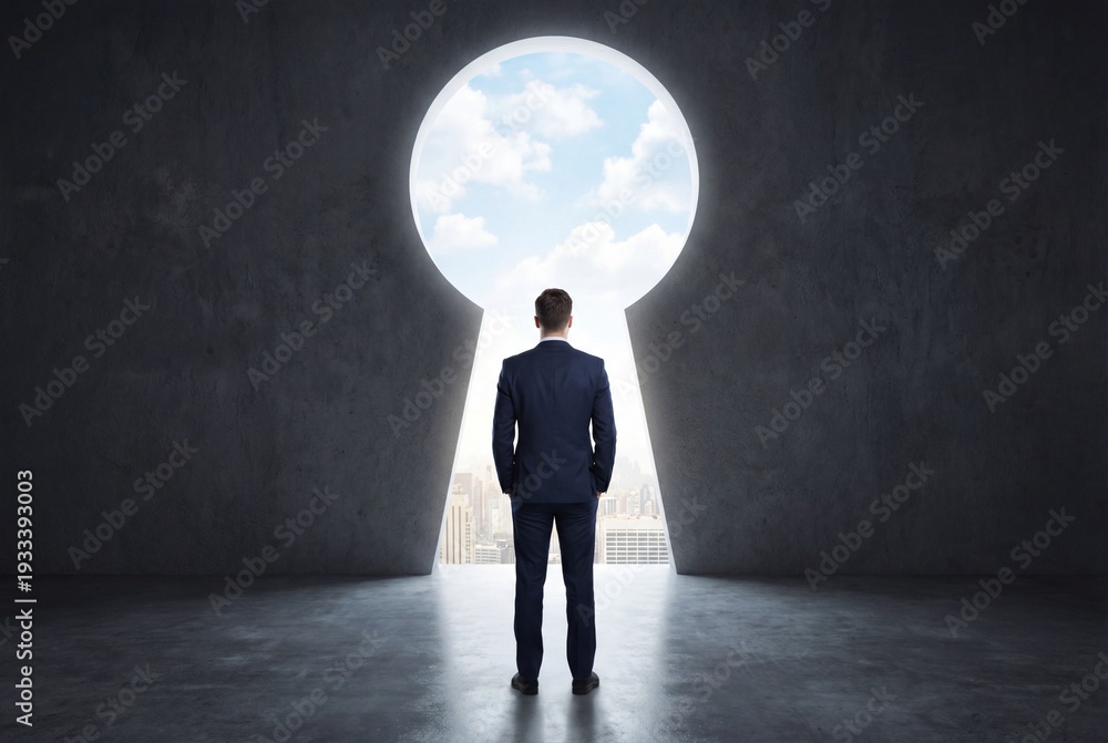 Fototapeta premium Rear view of businessman standing before a large keyhole opening to the sky