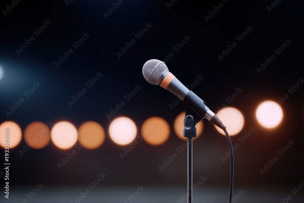 Obraz premium Microphone on stage with blurred lights in background