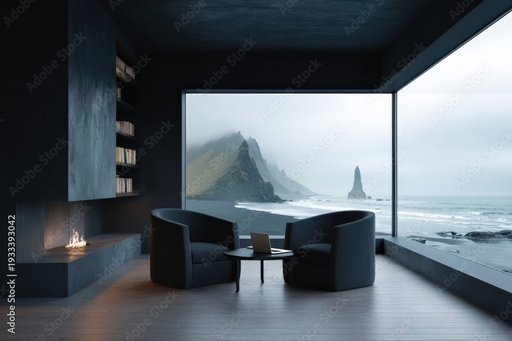 Naklejka premium Modern living room with ocean view and cozy fireplace in minimalist design