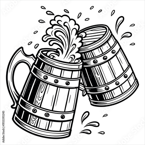 Black and White Beer Mug Vector Icon Set – Frothy Ale Glass Illustrations
