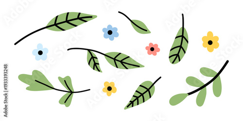 Vector set of cute green leaf branch and tiny flower elements isolated on white background. Playful botanical clipart for spring pattern, card, poster, packaging, logo and kids design.