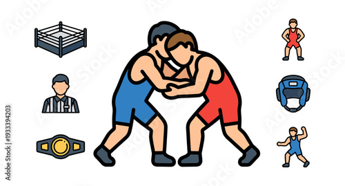 Collection of wrestling sport icons showing two athletes grappling, a ring, a referee, a championship belt, and protective headgear