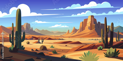 Desert, cordillera, cacti, succulents, sky, clouds, rocks, sand, sandstone, mountains, bushes, grass, shadow, vector, landscape, panorama, banner, postcard, scenery, America, Mexico, travel, romance, 