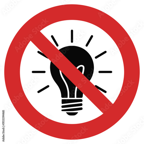 No, light lamp prohibition sign featuring red crossed-out circular icon with bulb symbol inside, stop light warning, do not turn on light, darkness required, energy saving, modern flat vector