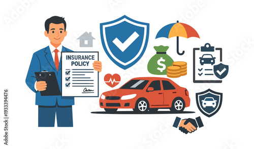 Agent presenting an insurance policy document with related icons including car, shield, umbrella, house, heartbeat, money, and handshake
