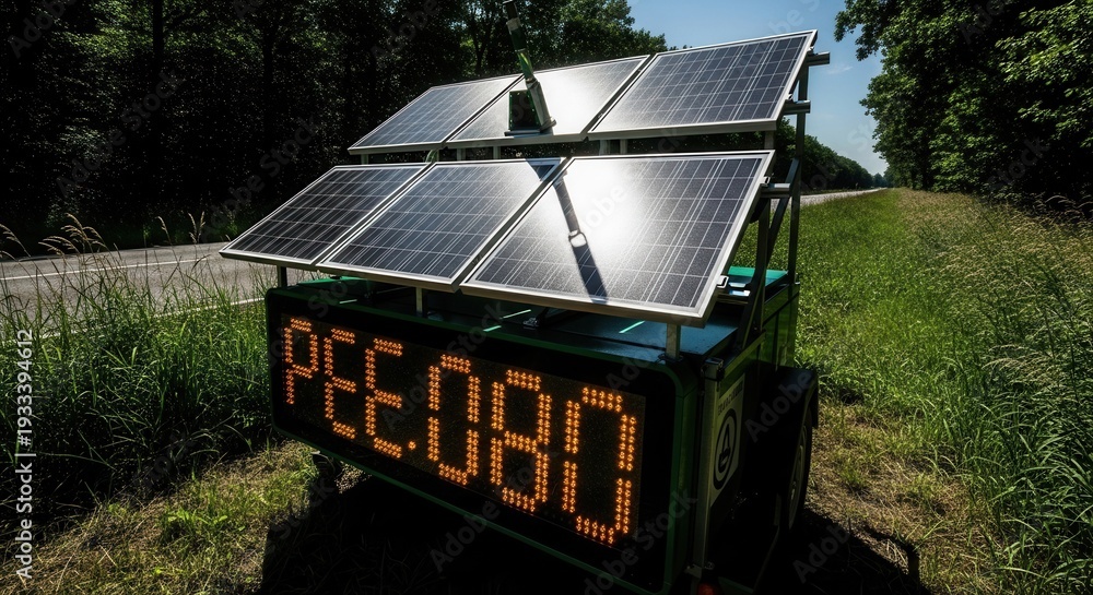 Obraz premium Solar Powered Speed Display Unit Near Roadside In Scenic Environment Landscape